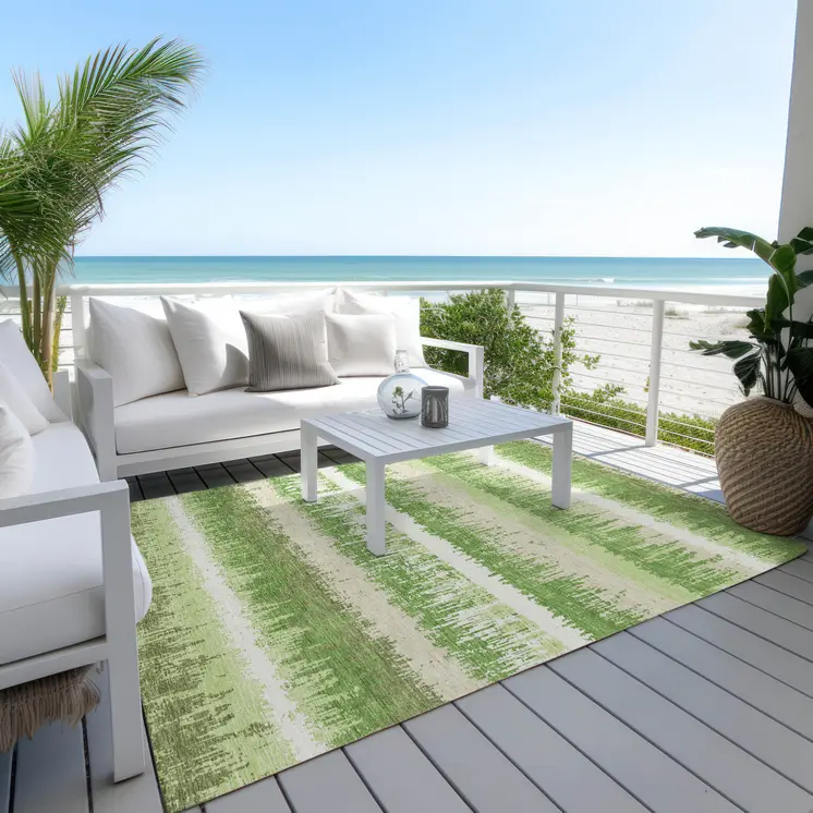 10' X 14' Green Beige And Ivory Striped Washable Indoor Outdoor Area Rug
