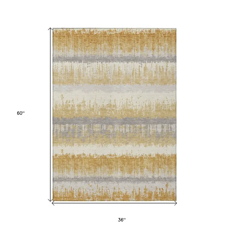 3' X 5' Gold Copper And Gray Striped Washable Indoor Outdoor Area Rug