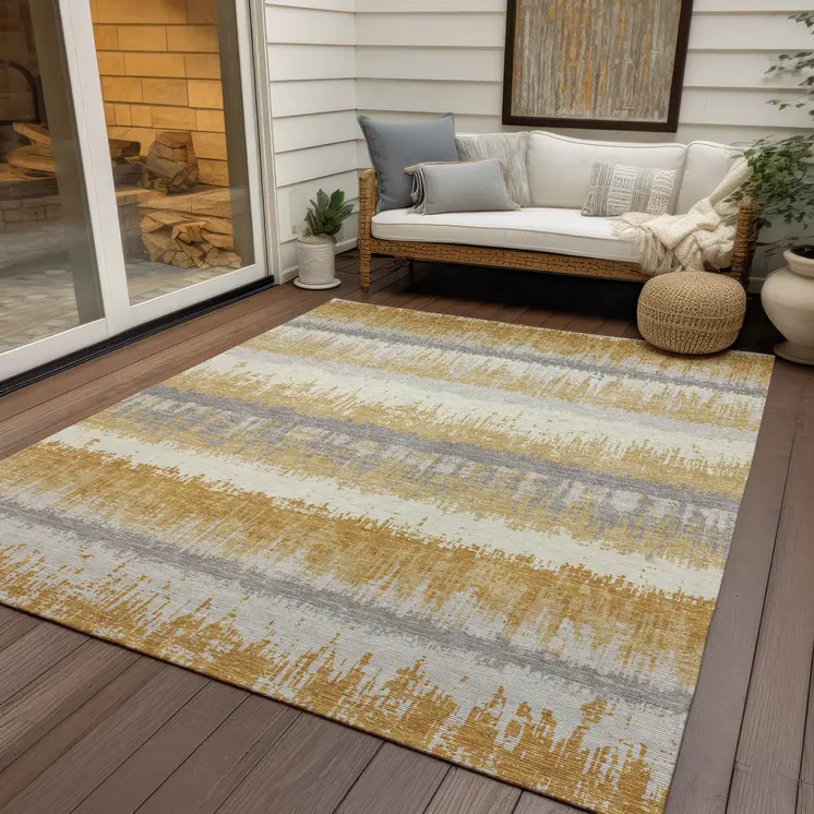 3' X 5' Gold Copper And Gray Striped Washable Indoor Outdoor Area Rug