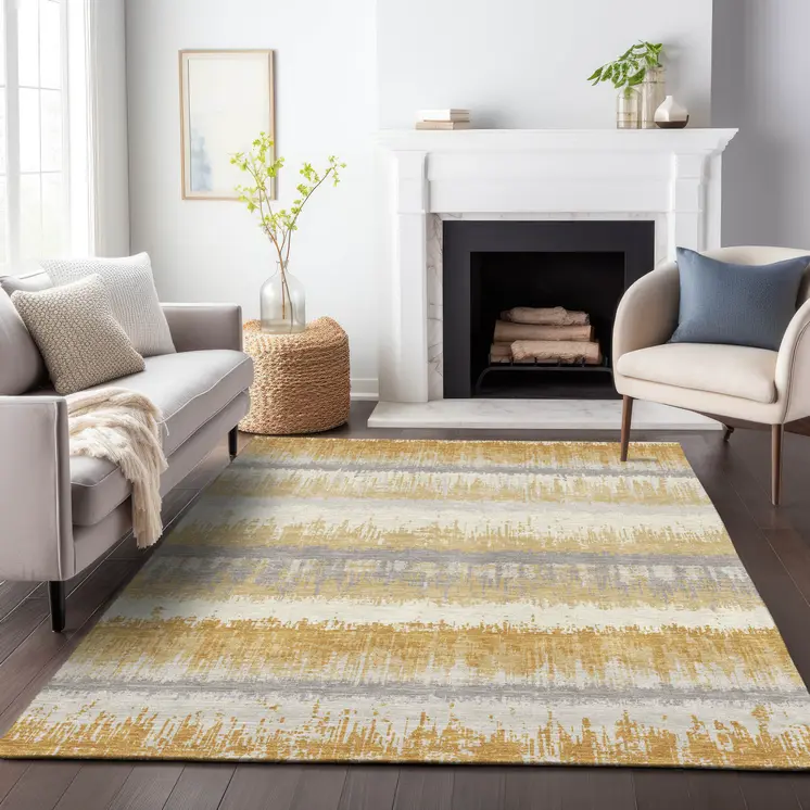 3' X 5' Gold Copper And Gray Striped Washable Indoor Outdoor Area Rug