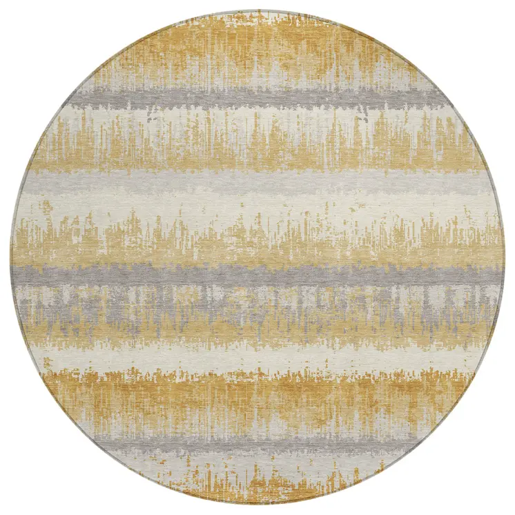 8' Gold Copper And Gray Round Striped Washable Indoor Outdoor Area Rug