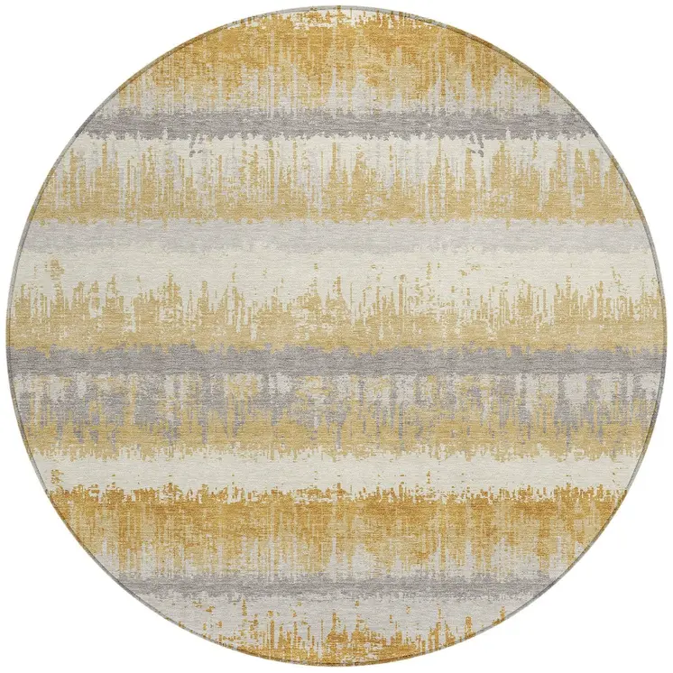 8' Gold Copper And Gray Round Striped Washable Indoor Outdoor Area Rug