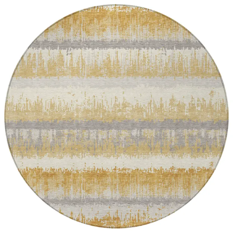 8' Gold Copper And Gray Round Striped Washable Indoor Outdoor Area Rug