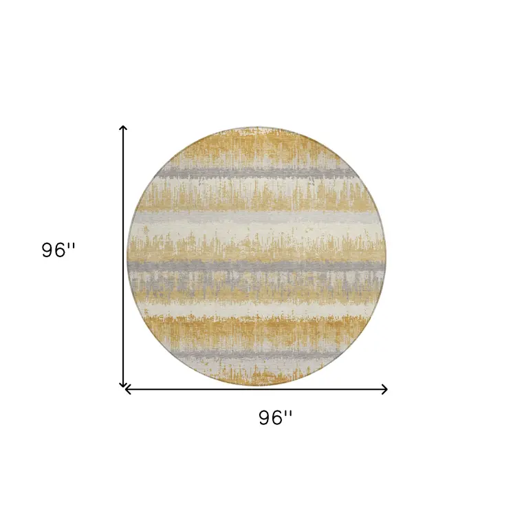 8' Gold Copper And Gray Round Striped Washable Indoor Outdoor Area Rug