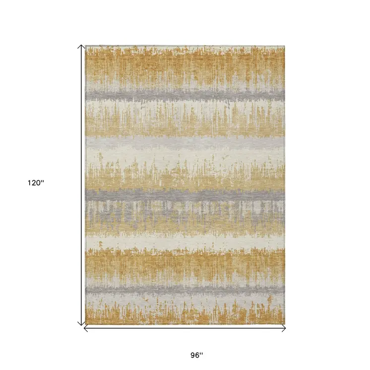 8' X 10' Gold Copper And Gray Striped Washable Indoor Outdoor Area Rug