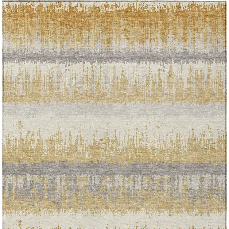 9' X 12' Gold Copper And Gray Striped Washable Indoor Outdoor Area Rug