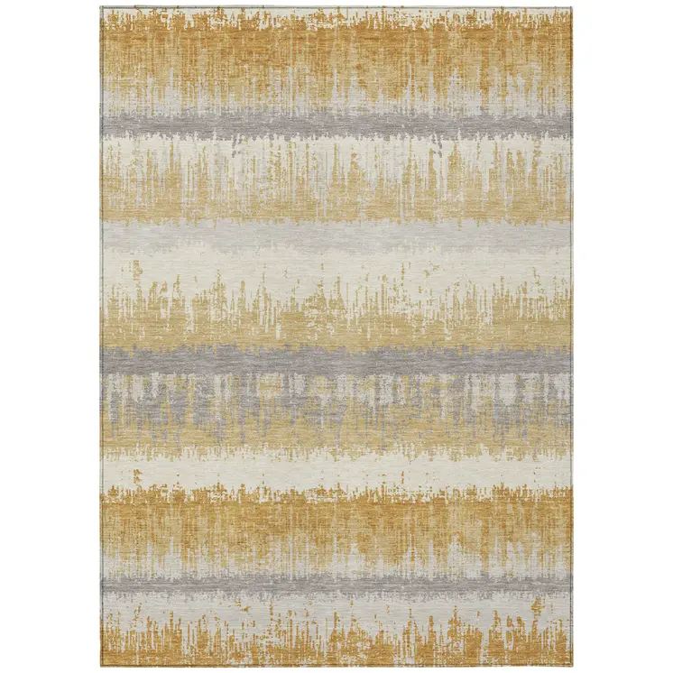 9' X 12' Gold Copper And Gray Striped Washable Indoor Outdoor Area Rug