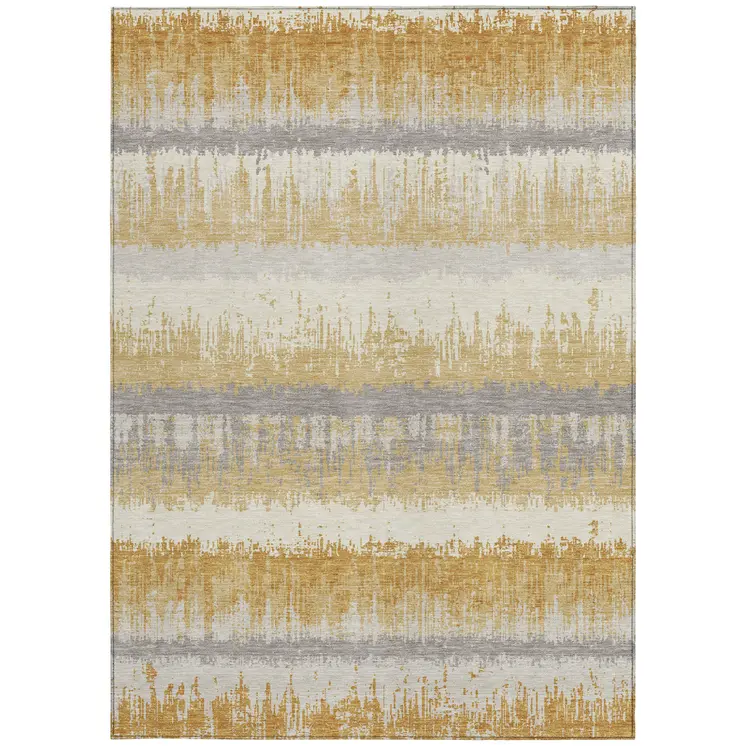 10' X 14' Gold Copper And Gray Striped Washable Indoor Outdoor Area Rug