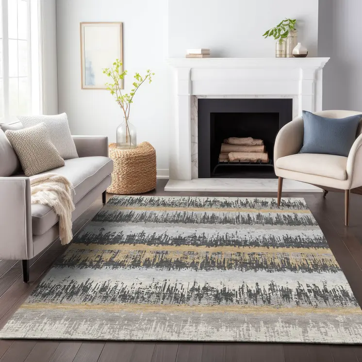 3' X 5' Gray Brown And Beige Striped Washable Indoor Outdoor Area Rug