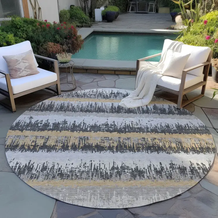 8' Gray Brown And Beige Round Striped Washable Indoor Outdoor Area Rug