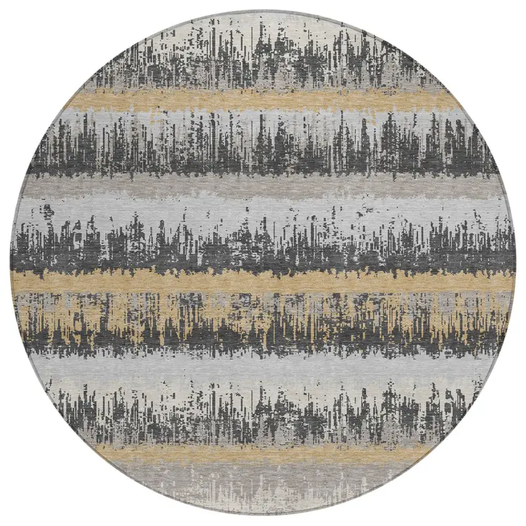 8' Gray Brown And Beige Round Striped Washable Indoor Outdoor Area Rug