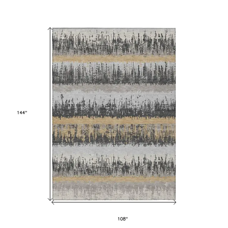 9' X 12' Gray Brown And Beige Striped Washable Indoor Outdoor Area Rug