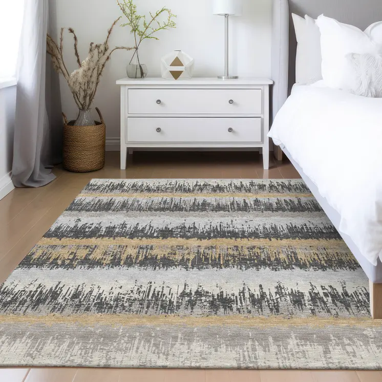 10' X 14' Gray Brown And Beige Striped Washable Indoor Outdoor Area Rug