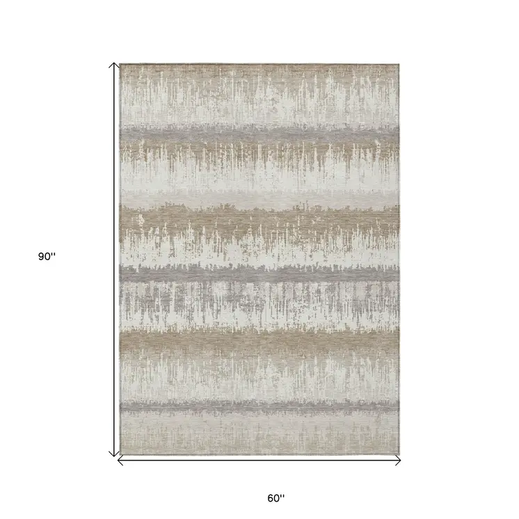 5' X 8' Ivory Gray And Beige Striped Washable Indoor Outdoor Area Rug