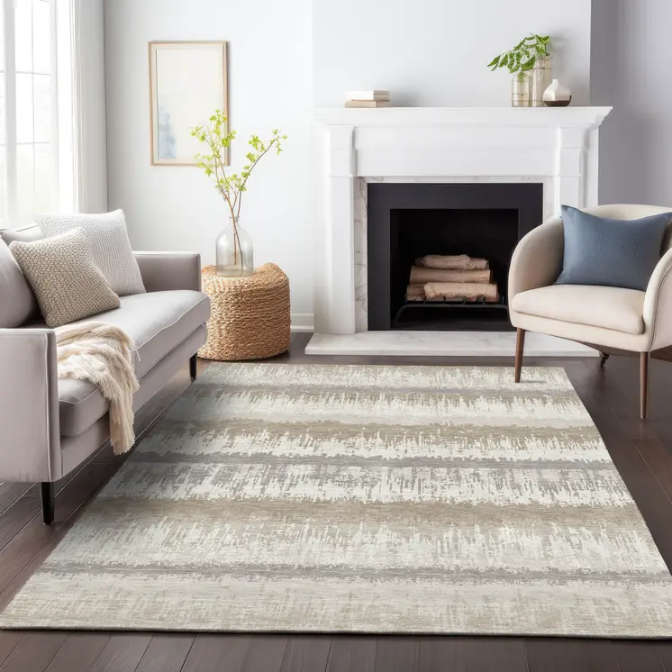 5' X 8' Ivory Gray And Beige Striped Washable Indoor Outdoor Area Rug