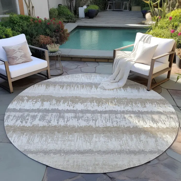 8' Ivory Gray And Beige Round Striped Washable Indoor Outdoor Area Rug