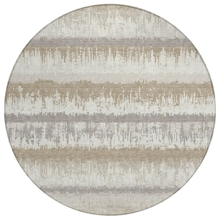 8' Ivory Gray And Beige Round Striped Washable Indoor Outdoor Area Rug