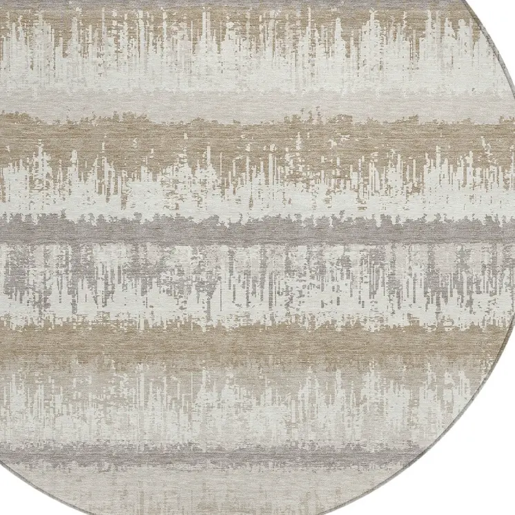 8' Ivory Gray And Beige Round Striped Washable Indoor Outdoor Area Rug