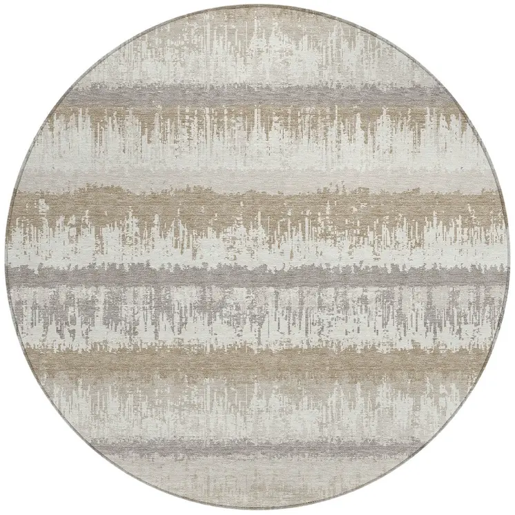 8' Ivory Gray And Beige Round Striped Washable Indoor Outdoor Area Rug