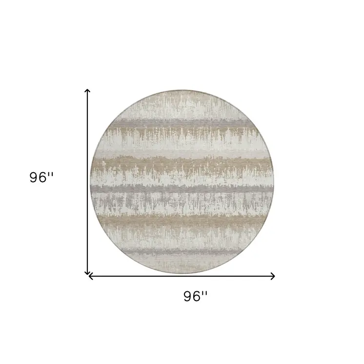 8' Ivory Gray And Beige Round Striped Washable Indoor Outdoor Area Rug