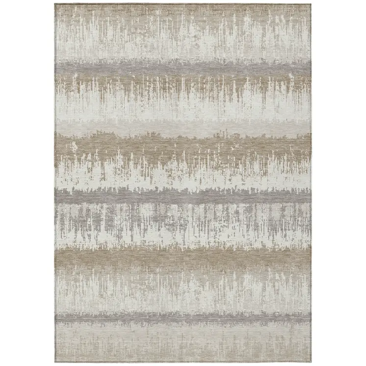 8' X 10' Ivory Gray And Beige Striped Washable Indoor Outdoor Area Rug