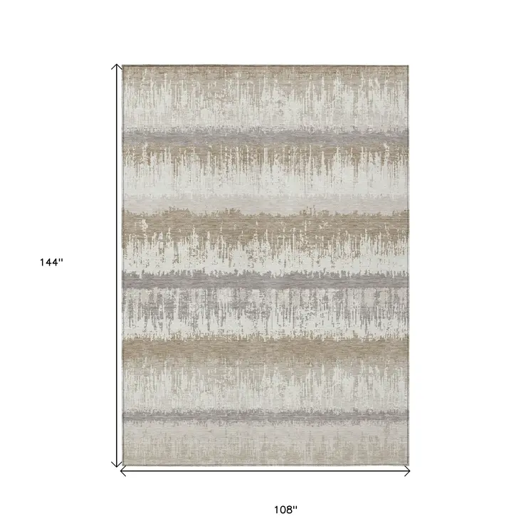 9' X 12' Ivory Gray And Beige Striped Washable Indoor Outdoor Area Rug