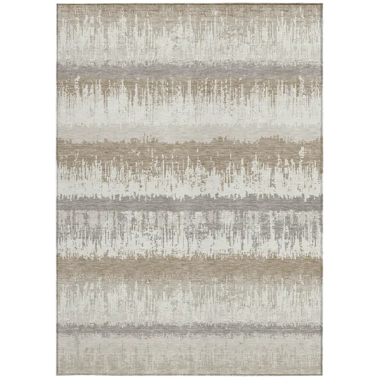 10' X 14' Ivory Gray And Beige Striped Washable Indoor Outdoor Area Rug