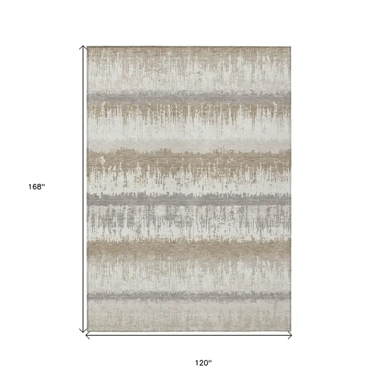 10' X 14' Ivory Gray And Beige Striped Washable Indoor Outdoor Area Rug