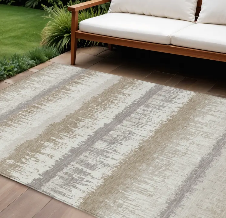 10' X 14' Ivory Gray And Beige Striped Washable Indoor Outdoor Area Rug