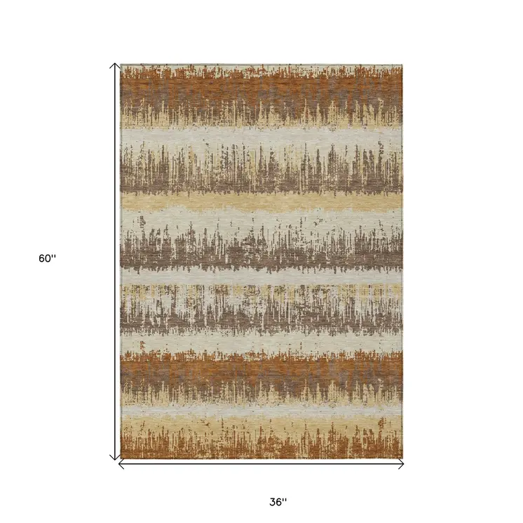 3' X 5' Brown Beige And Ivory Striped Washable Indoor Outdoor Area Rug