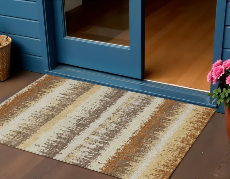 3' X 5' Brown Beige And Ivory Striped Washable Indoor Outdoor Area Rug
