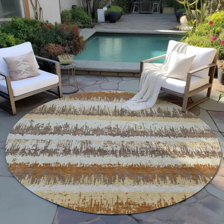8' Brown Beige And Ivory Round Striped Washable Indoor Outdoor Area Rug