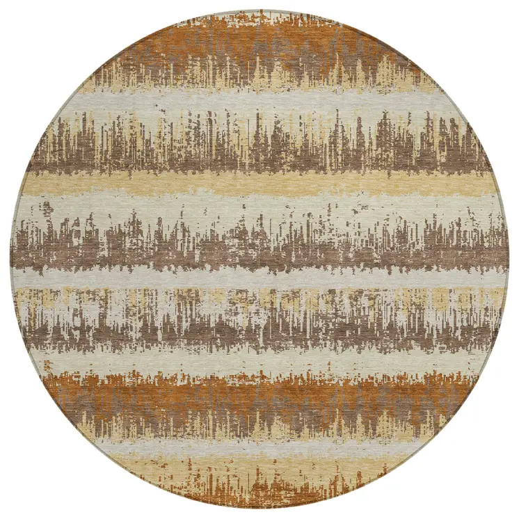 8' Brown Beige And Ivory Round Striped Washable Indoor Outdoor Area Rug