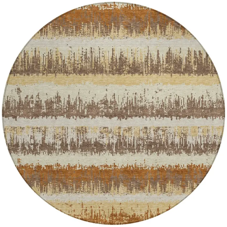 8' Brown Beige And Ivory Round Striped Washable Indoor Outdoor Area Rug
