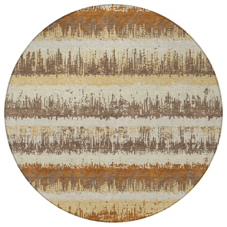 8' Brown Beige And Ivory Round Striped Washable Indoor Outdoor Area Rug