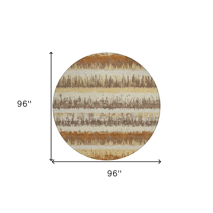 8' Brown Beige And Ivory Round Striped Washable Indoor Outdoor Area Rug