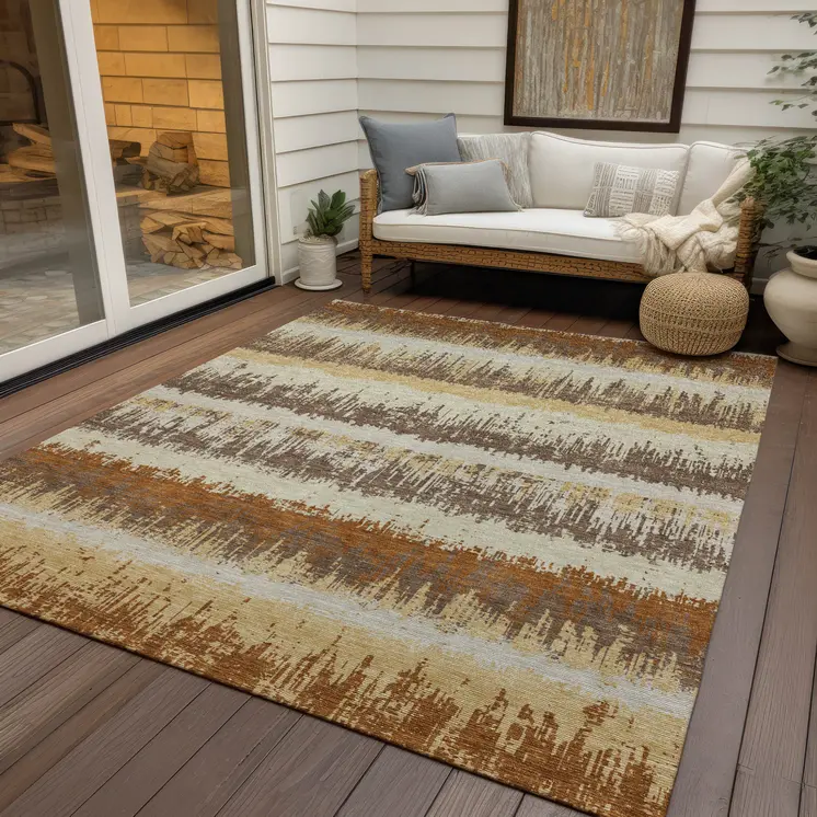8' X 10' Brown Beige And Ivory Striped Washable Indoor Outdoor Area Rug