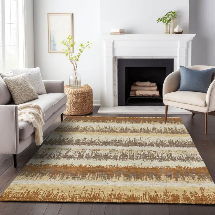 8' X 10' Brown Beige And Ivory Striped Washable Indoor Outdoor Area Rug