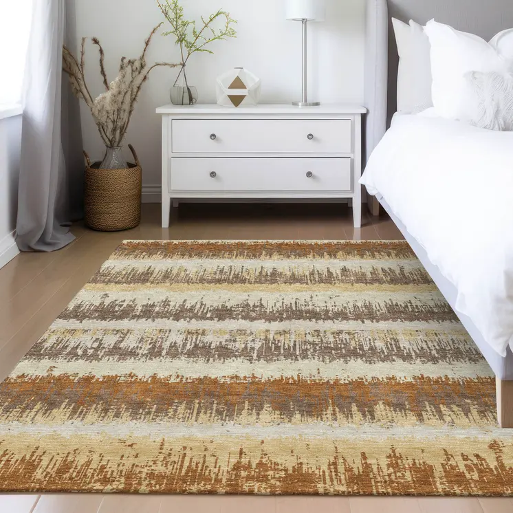 8' X 10' Brown Beige And Ivory Striped Washable Indoor Outdoor Area Rug