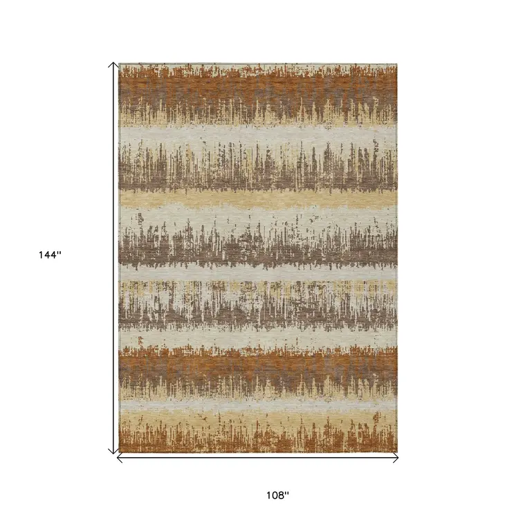 9' X 12' Brown Beige And Ivory Striped Washable Indoor Outdoor Area Rug