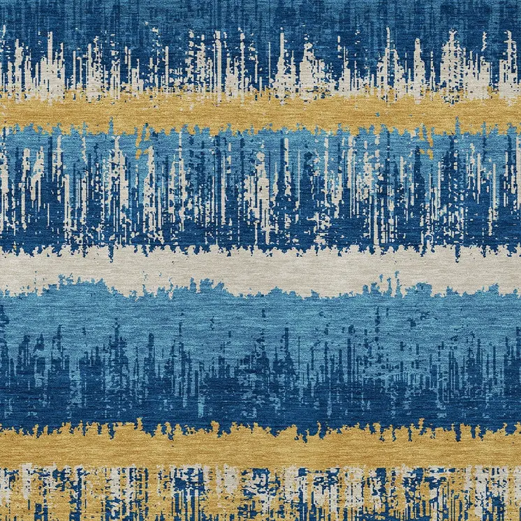 3' X 5' Navy Blue Gold And Ivory Striped Washable Indoor Outdoor Area Rug