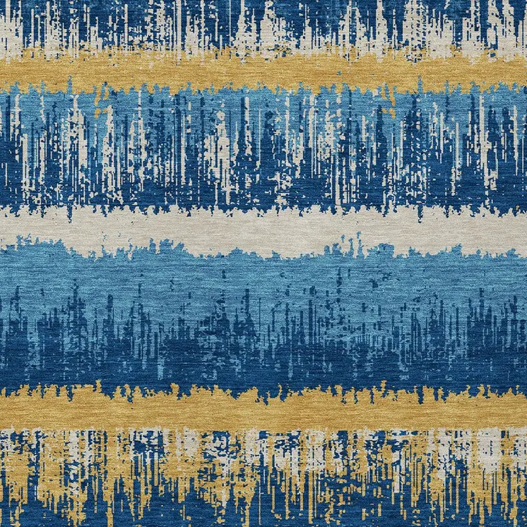 5' X 8' Navy Blue Gold And Ivory Striped Washable Indoor Outdoor Area Rug