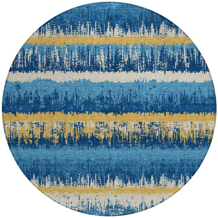 8' Navy Blue Gold And Ivory Round Striped Washable Indoor Outdoor Area Rug