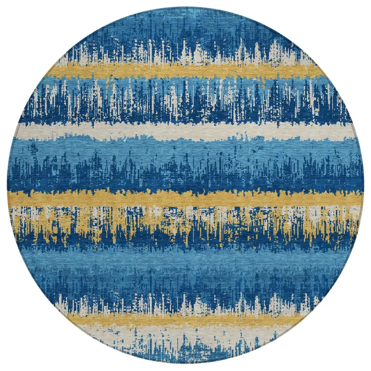 8' Navy Blue Gold And Ivory Round Striped Washable Indoor Outdoor Area Rug