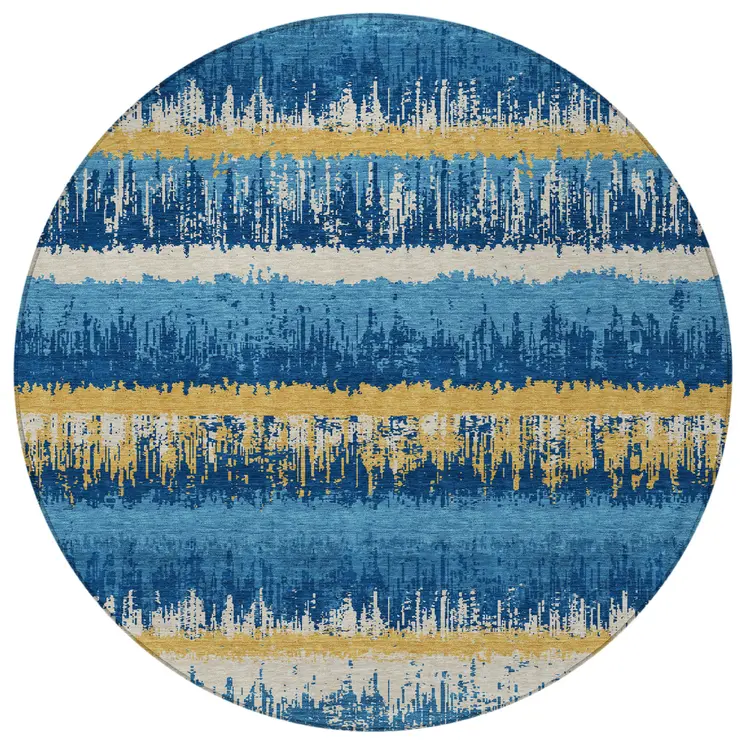 8' Navy Blue Gold And Ivory Round Striped Washable Indoor Outdoor Area Rug