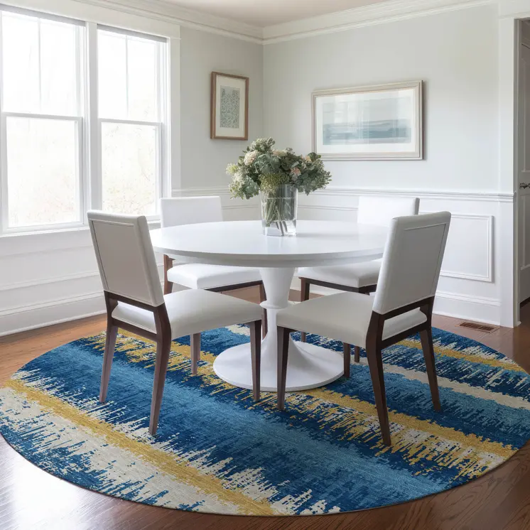 8' Navy Blue Gold And Ivory Round Striped Washable Indoor Outdoor Area Rug