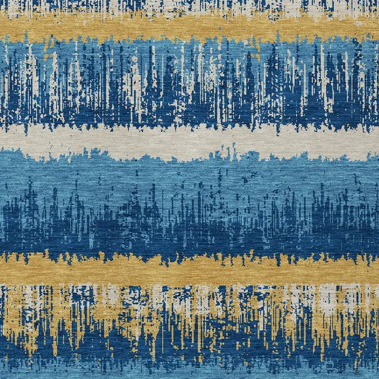8' X 10' Navy Blue Gold And Ivory Striped Washable Indoor Outdoor Area Rug