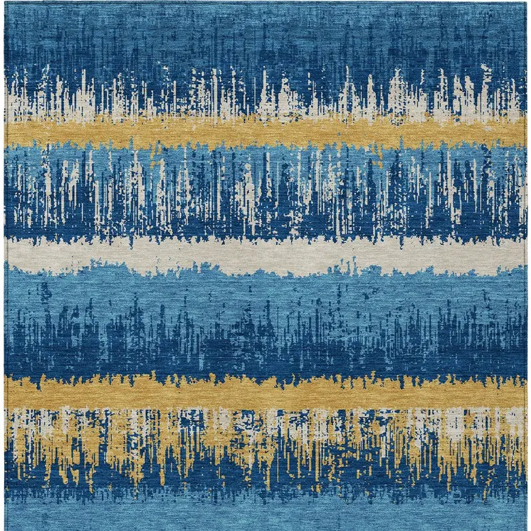 10' X 14' Navy Blue Gold And Ivory Striped Washable Indoor Outdoor Area Rug