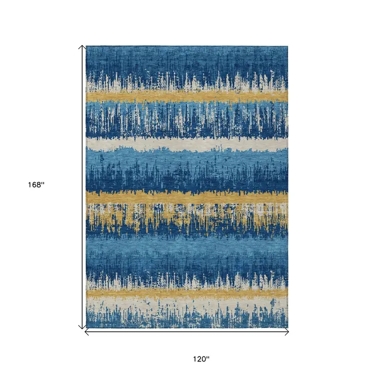 10' X 14' Navy Blue Gold And Ivory Striped Washable Indoor Outdoor Area Rug