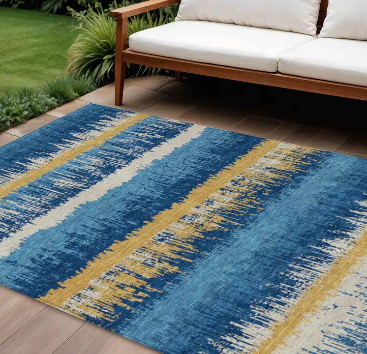 10' X 14' Navy Blue Gold And Ivory Striped Washable Indoor Outdoor Area Rug